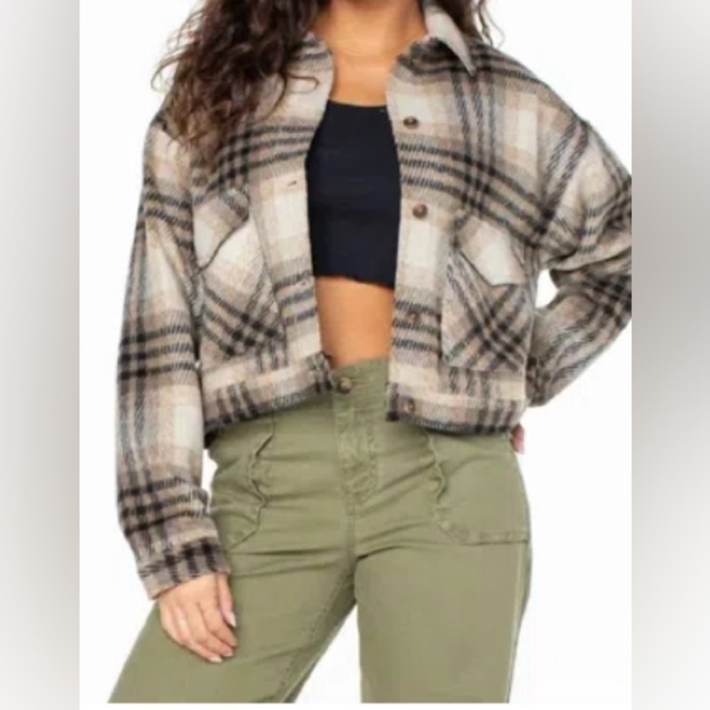 ROXY Township Plaid Crop Shirt Jacket In Brown - S